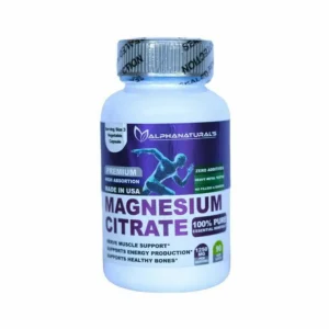 Frasco de Citrato de Magnesio en cápsulas de la marca AlphaNaturals, diseñado para mejorar la salud ósea, muscular y la producción de energía.