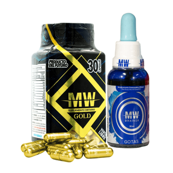 Combo de suplementos MW GOLD y DRENADOR MW, con cápsulas doradas y gotas homeopáticas en frasco con gotero azul.