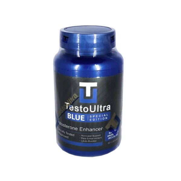 Frasco de Testo Ultra Blue, suplemento potenciador de testosterona.