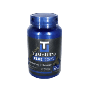 Frasco de Testo Ultra Blue, suplemento potenciador de testosterona.