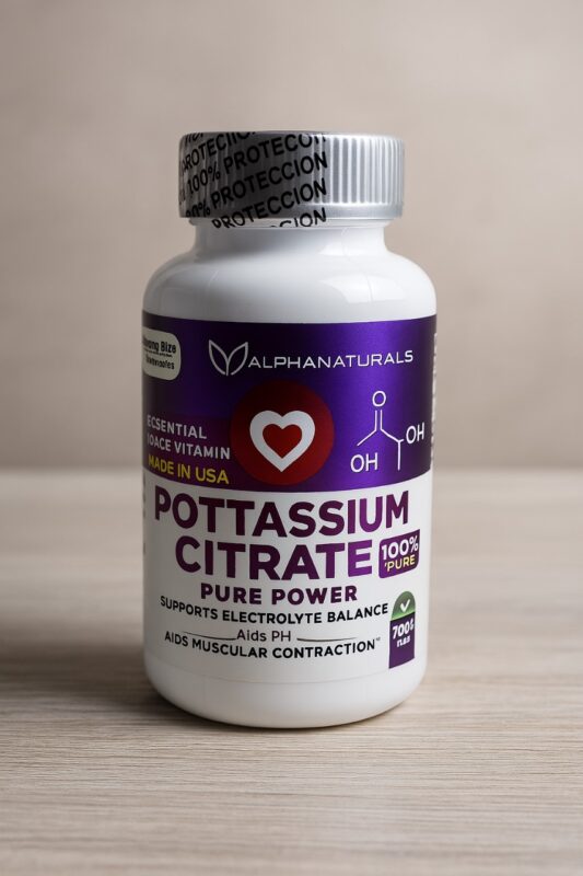 Envase de Citrato de Potasio AlphaNaturals sobre mesa blanca, ideal para balance electrolítico y salud renal.