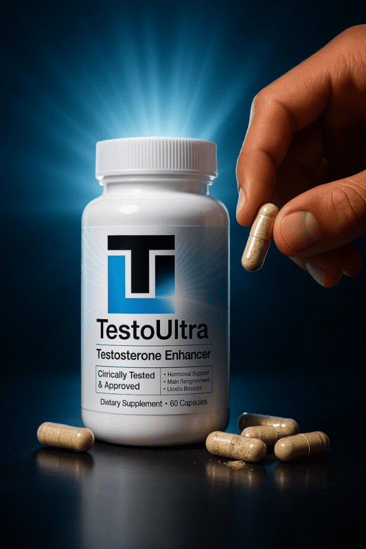 Frasco de suplemento Testo Ultra Tradicional con cápsulas en primer plano sobre superficie blanca.