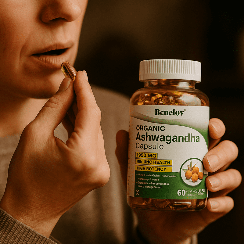 Botella de BCuelov Ashwagandha de 60 cápsulas naturales para reducir estrés y aumentar energía