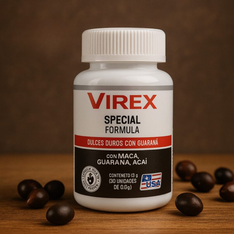 Frasco de Virex Suplemento Natural con maca, guaraná y açaí sobre una mesa de madera