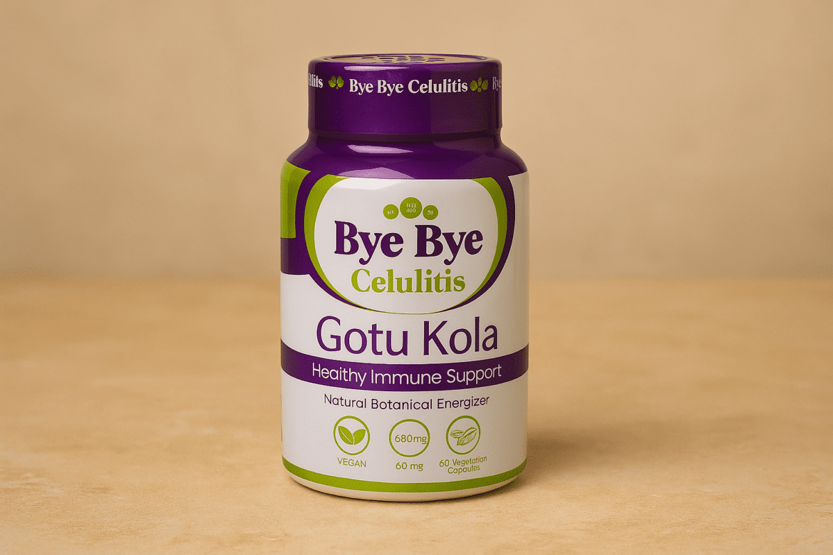 Frasco de Bye Bye Celulitis Gotu Kola con cápsulas naturales para reducir celulitis