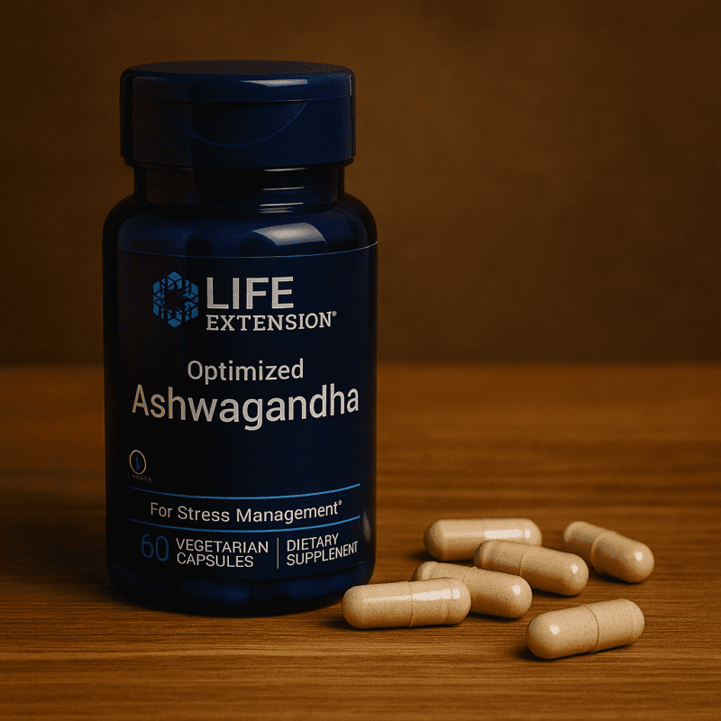 Botella de Ashwagandha Optimized de Life Extension sobre superficie de madera con cápsulas esparcidas al frente
