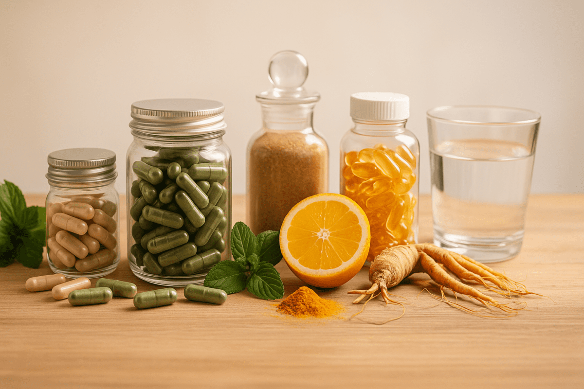 Frascos de vidrio con cápsulas verdes y beige, polvo vegetal y perlas amarillas junto a ginseng, cúrcuma y media naranja
