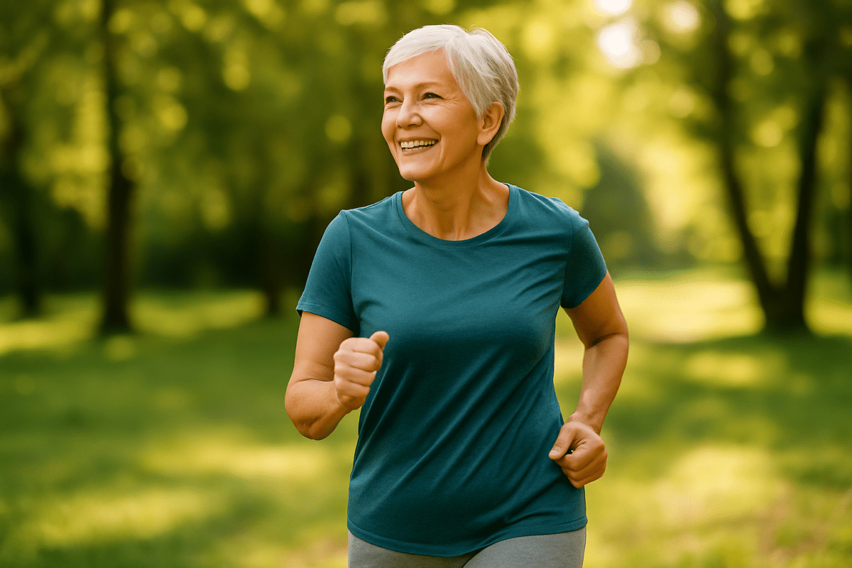Mujer mayor caminando con energía en un parque, representando salud ósea y envejecimiento activo