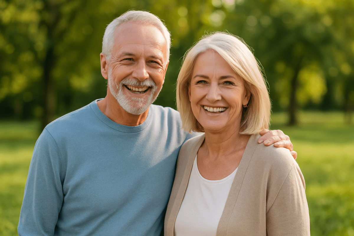 Pareja de adultos mayores sonriendo y abrazados en un parque verde, simbolizando un envejecimiento saludable y activo.