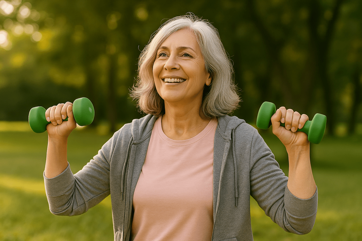Mujer mayor con cabello canoso haciendo ejercicio con pesas verdes y sonriendo al aire libre en un parque soleado.