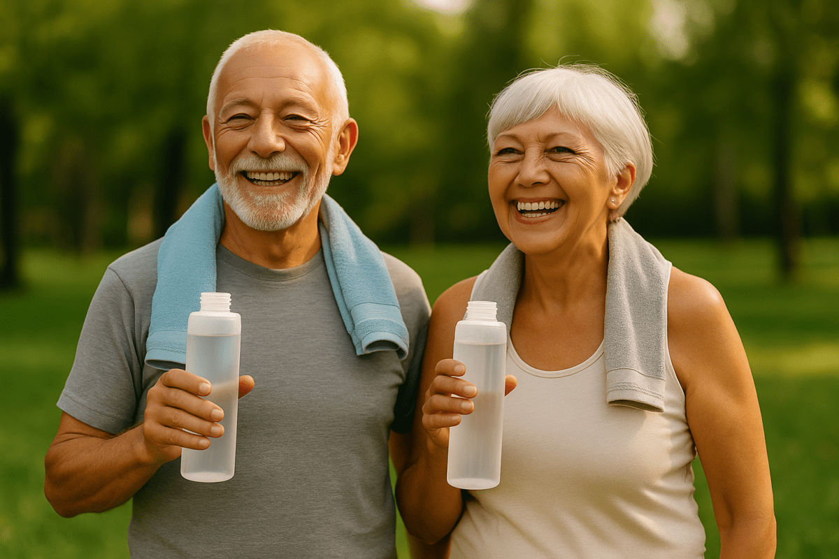 Pareja mayor con botellas de agua sonriendo al aire libre en un parque, representando vitalidad, energía y salud en la adultez con apoyo de suplementos naturales.