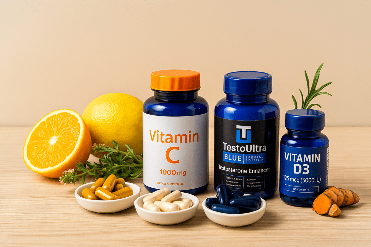 Botellas de Testo Ultra Blue, Vitamina C y Vitamina D3 acompañadas de cápsulas y frutas frescas sobre mesa de madera.