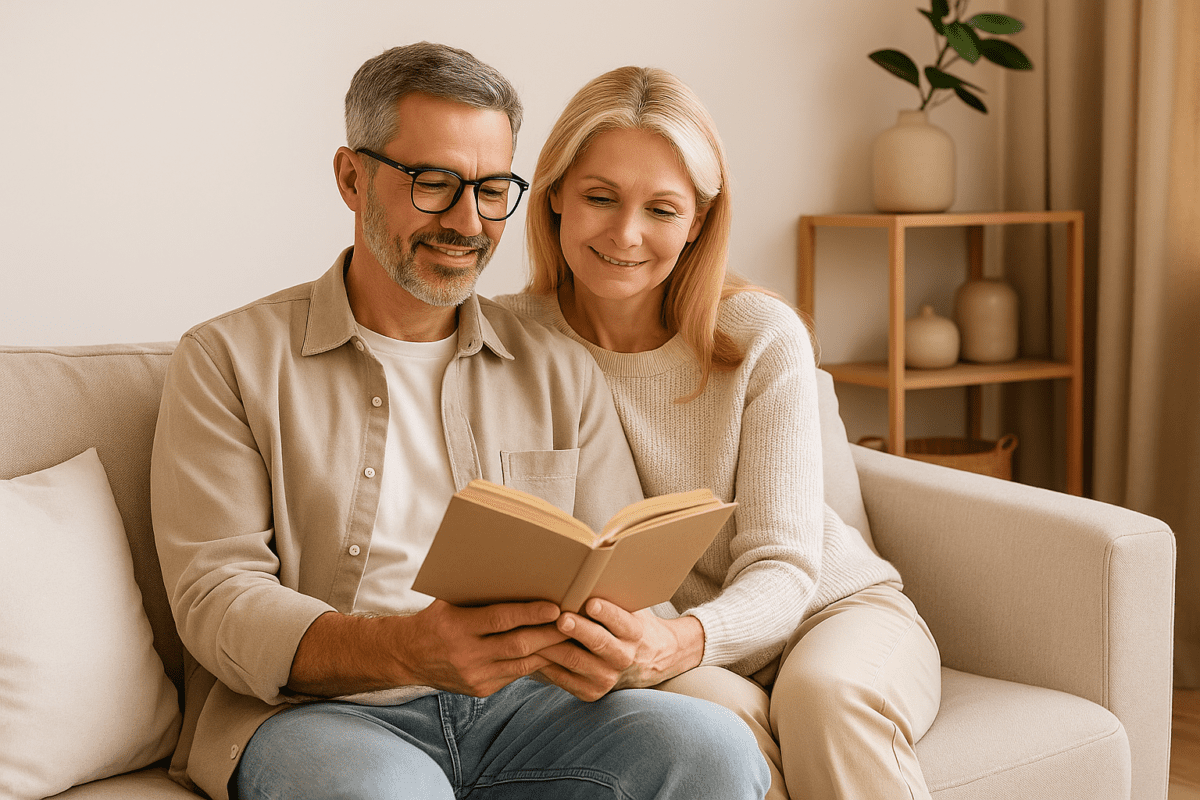 Pareja adulta sentada en el sofá de su hogar, relajada y tranquila, representando claridad mental y equilibrio emocional en un ambiente cálido y natural.