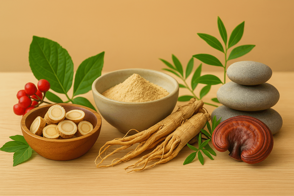 Plantas adaptógenas naturales sobre una mesa de madera con luz cálida, representando equilibrio, energía y bienestar.