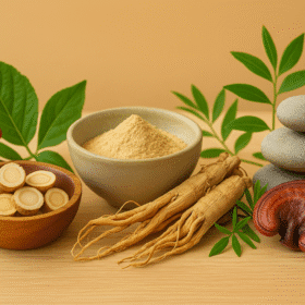 Plantas adaptógenas naturales sobre una mesa de madera con luz cálida, representando equilibrio, energía y bienestar.