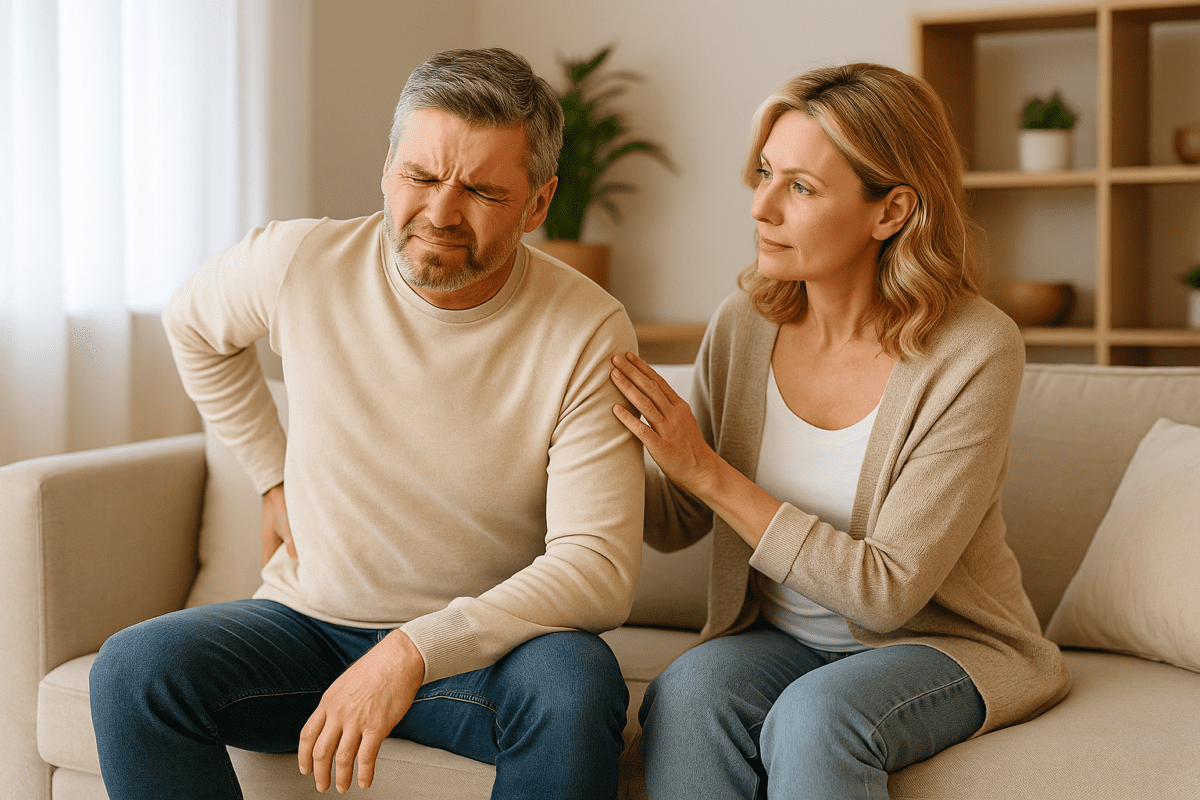 Pareja de mediana edad en el sofá de su casa mostrando molestias físicas, representando la importancia de suplementos naturales para la salud y el bienestar.