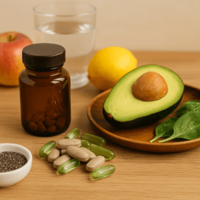 Suplementos naturales, cápsulas vegetales y frutas frescas sobre una mesa de madera clara, representando salud, equilibrio y energía natural.