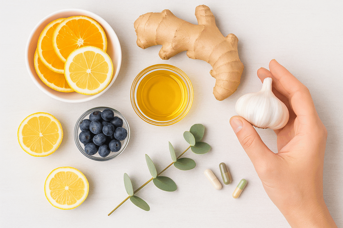 Mano sosteniendo un ajo junto a cítricos, jengibre, miel, arándanos y cápsulas naturales, representando ingredientes que ayudan a fortalecer el sistema inmunológico de forma natural.