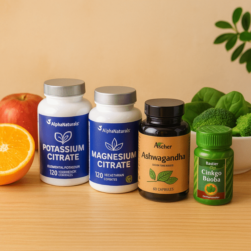 Frascos de suplementos naturales junto a frutas frescas sobre mesa de madera, representando hábitos saludables para fortalecer el sistema inmunológico.